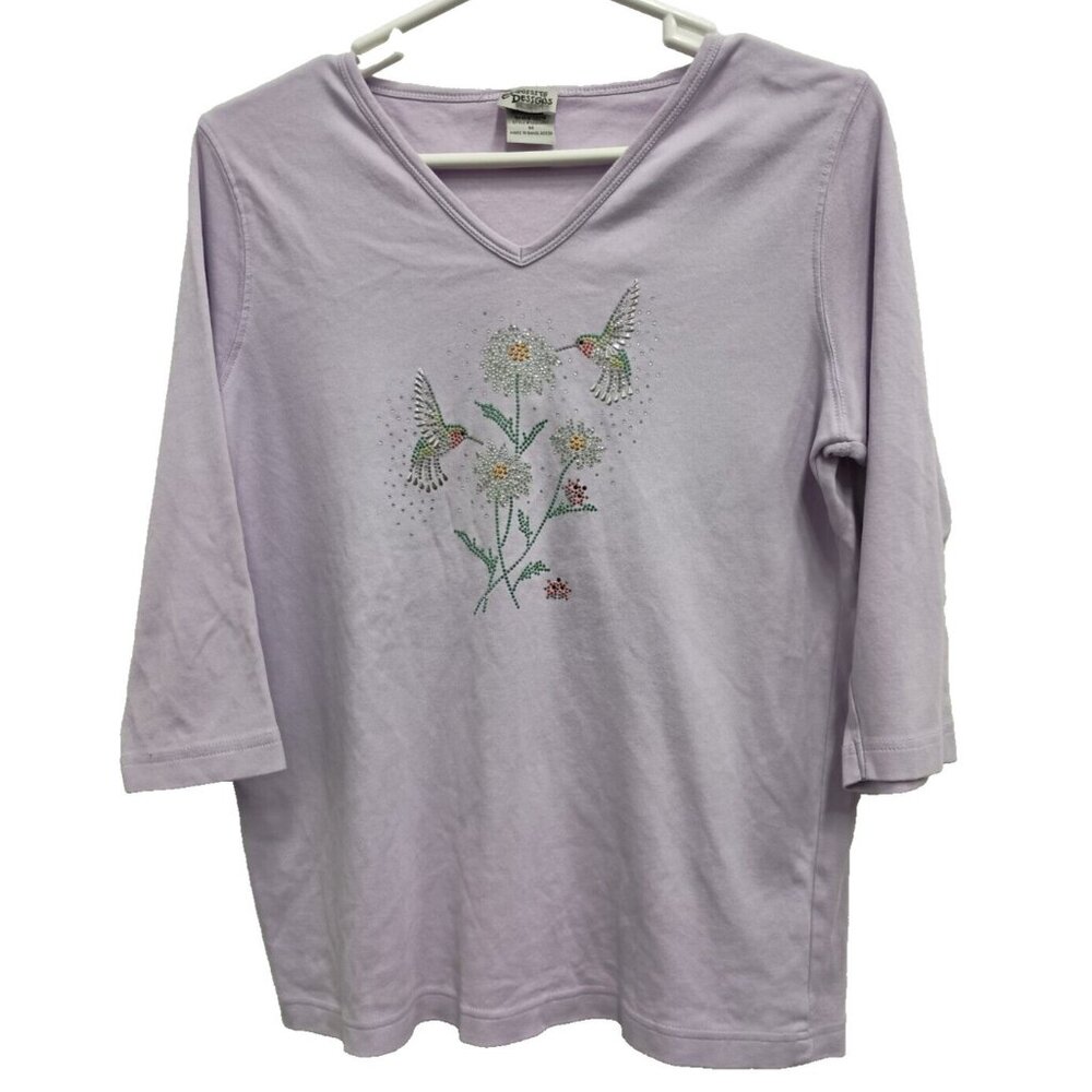 Exquisite Designs Hummingbird Art Top Medium Lavender Embellished 3/4‎ Sleeve